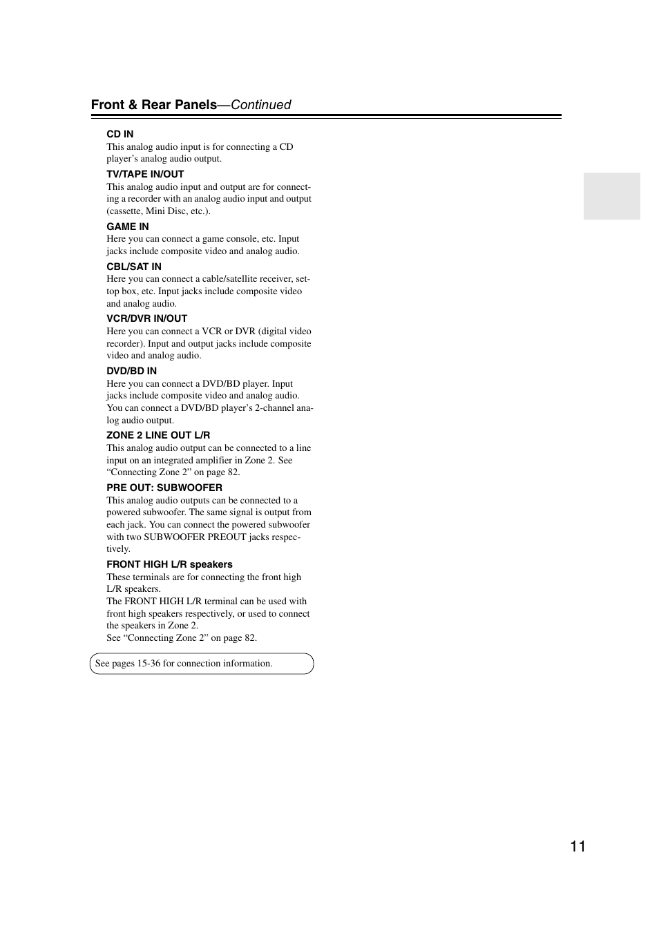 Front & rear panels —continued | Onkyo HT-RC160 User Manual | Page 11 / 121
