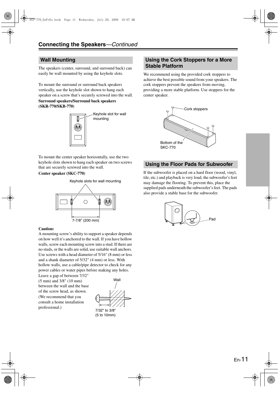 Wall mounting, Using the cork stoppers for a more stable platform, Using the floor pads for subwoofer | Connecting the speakers —continued | Onkyo HT-RC160 User Manual | Page 115 / 121