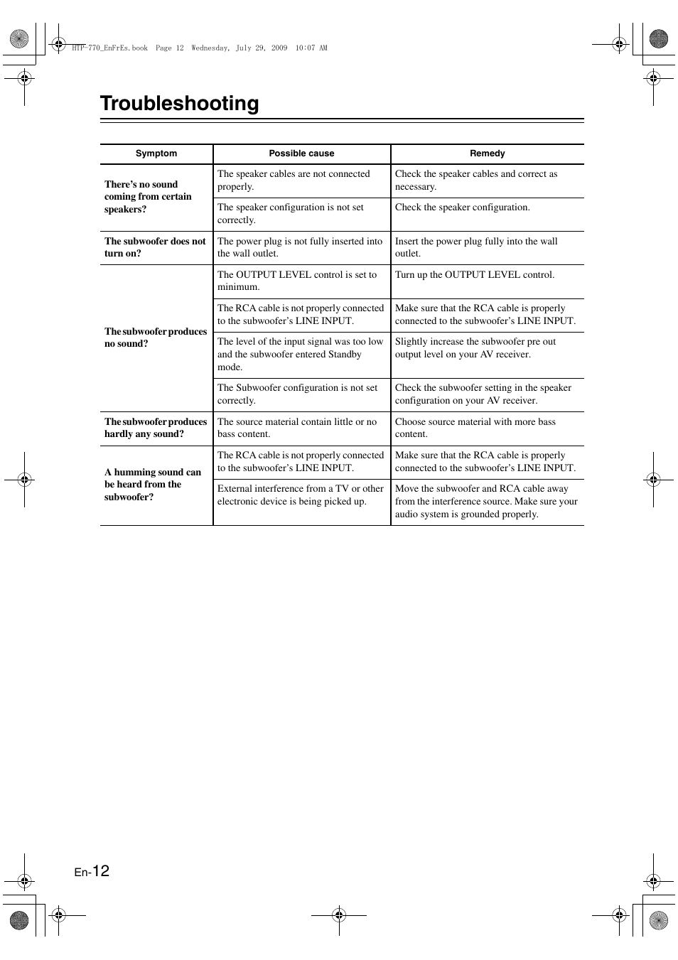 Troubleshooting, En-12 | Onkyo HT-RC160 User Manual | Page 116 / 121
