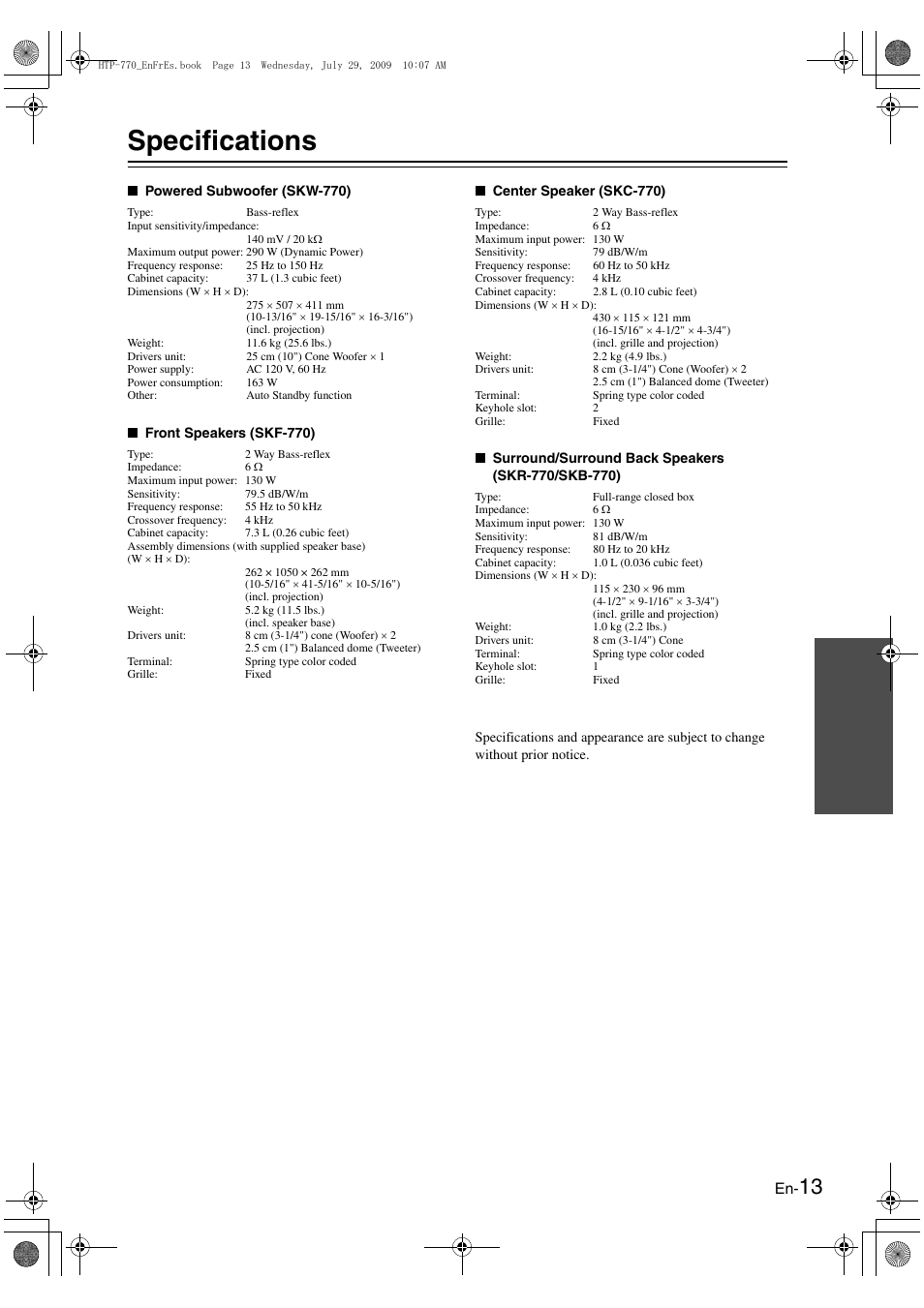 Specifications | Onkyo HT-RC160 User Manual | Page 117 / 121