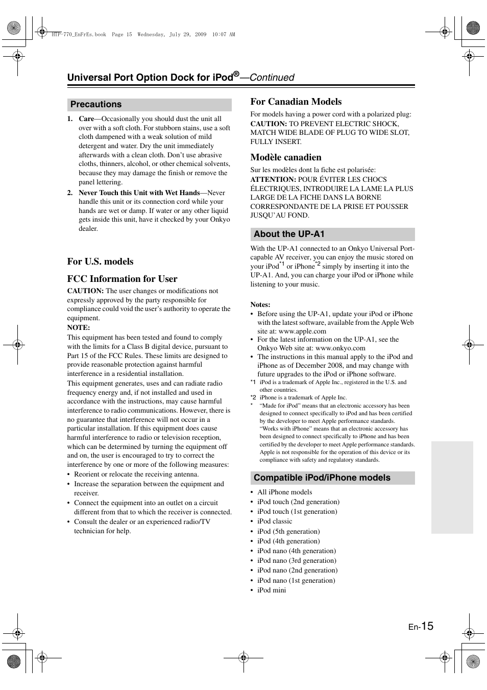 Precautions, About the up-a1, Compatible ipod/iphone models | Universal port option dock for ipod, Continued, For u.s. models fcc information for user, For canadian models, Modèle canadien | Onkyo HT-RC160 User Manual | Page 119 / 121