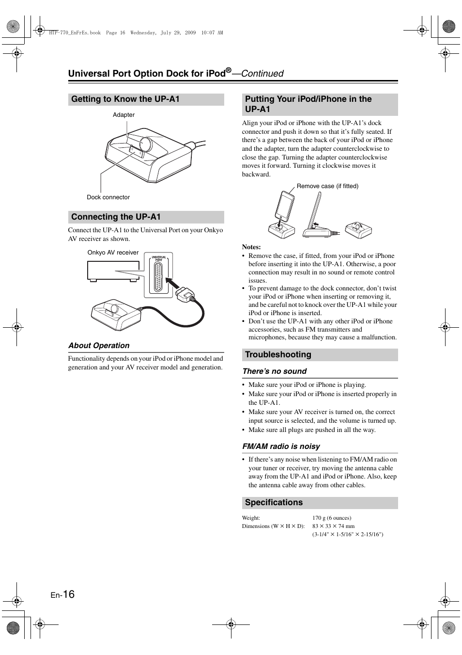 Getting to know the up-a1, Connecting the up-a1, Putting your ipod/iphone in the up-a1 | Troubleshooting, Specifications, Universal port option dock for ipod, Continued | Onkyo HT-RC160 User Manual | Page 120 / 121