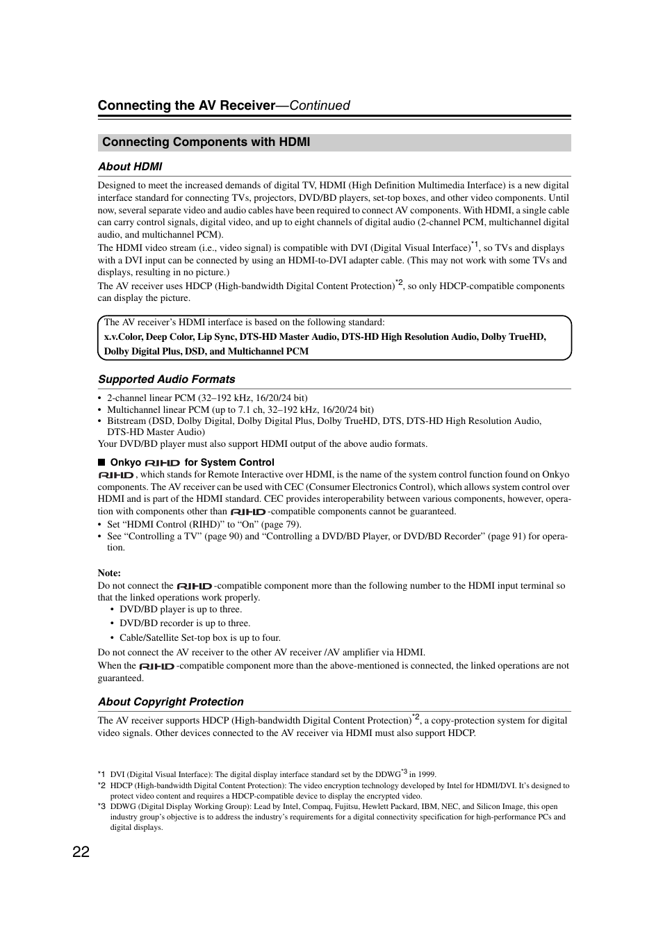 Connecting components with hdmi, Connecting the av receiver —continued | Onkyo HT-RC160 User Manual | Page 22 / 121