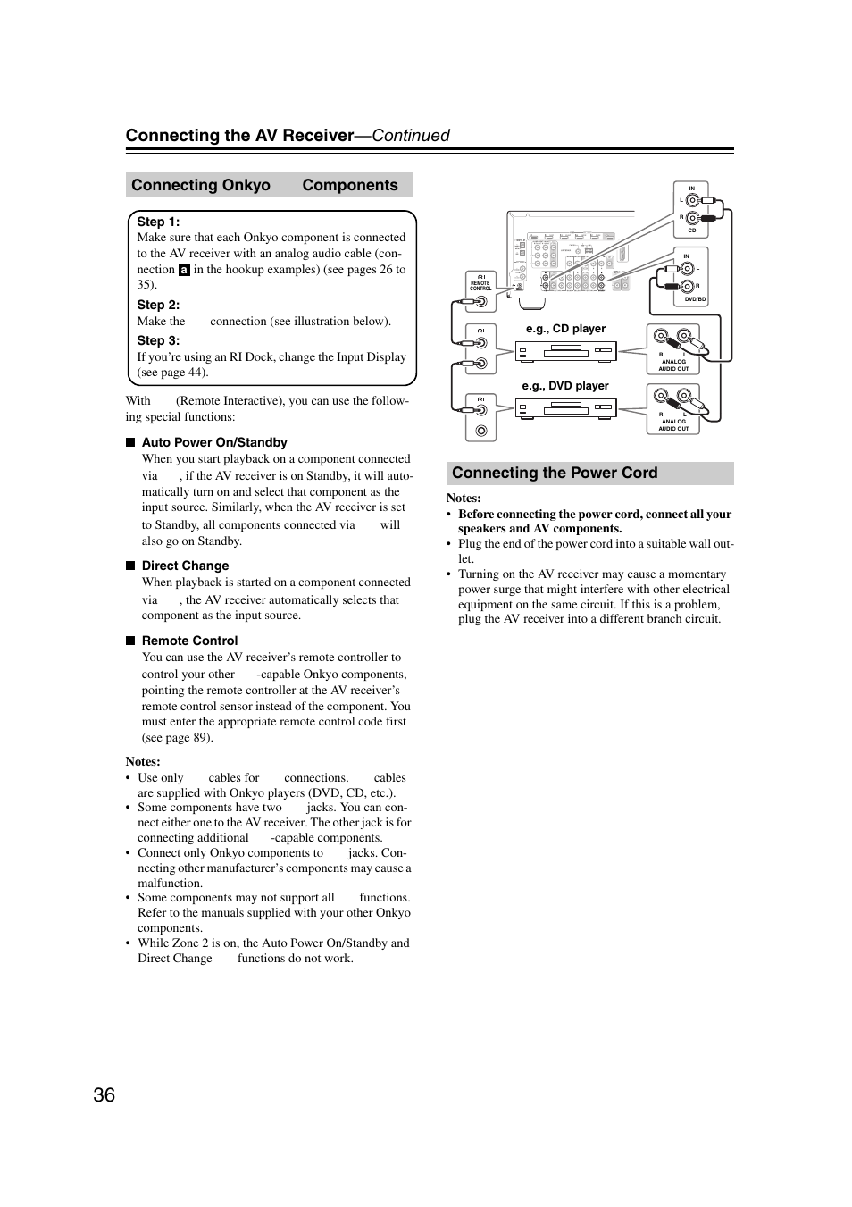 Connecting onkyo ri components, Connecting the power cord, Connecting onkyo | Connecting the av receiver —continued, Connecting onkyo components | Onkyo HT-RC160 User Manual | Page 36 / 121