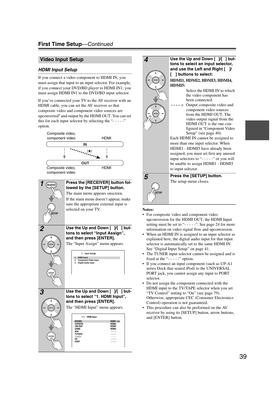 Video input setup, First time setup —continued | Onkyo HT-RC160 User Manual | Page 39 / 121