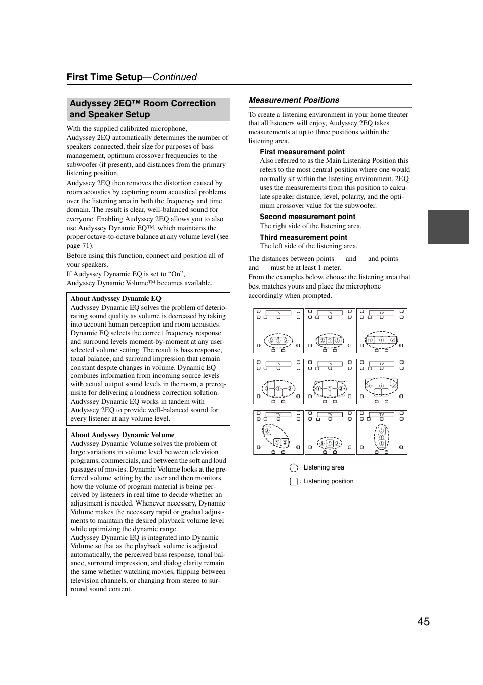 Audyssey 2eqtm room correction and speaker setup, Audyssey 2eq™ room correction and, Speaker setup | First time setup —continued, Audyssey 2eq™ room correction and speaker setup | Onkyo HT-RC160 User Manual | Page 45 / 121