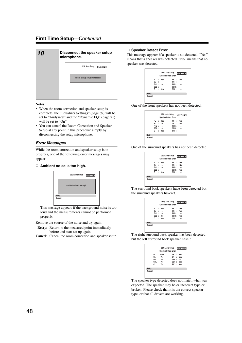 First time setup —continued, Error messages | Onkyo HT-RC160 User Manual | Page 48 / 121