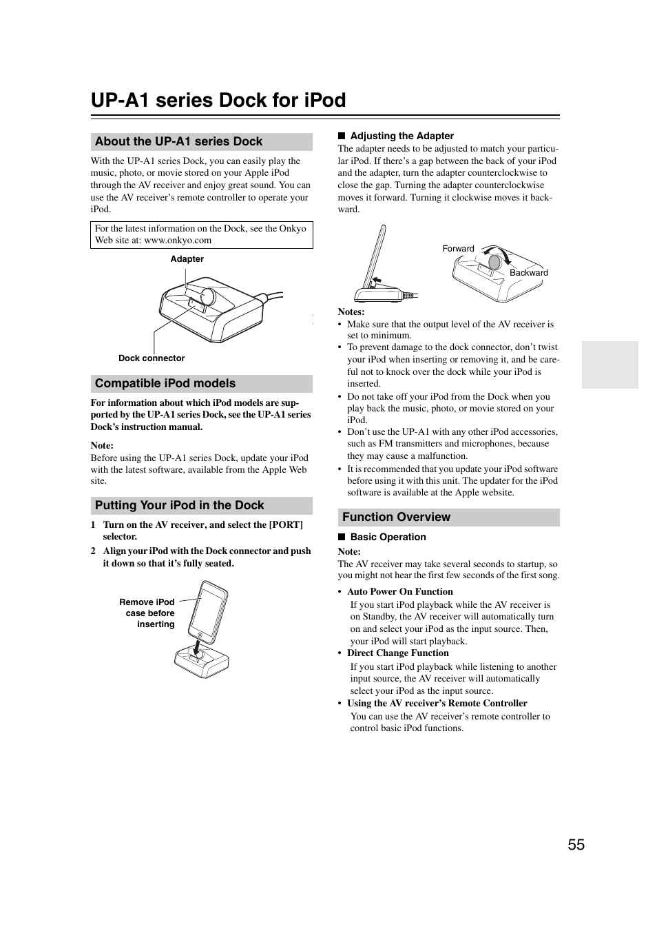 Up-a1 series dock for ipod, About the up-a1 series dock, Compatible ipod models | Putting your ipod in the dock, Function overview | Onkyo HT-RC160 User Manual | Page 55 / 121