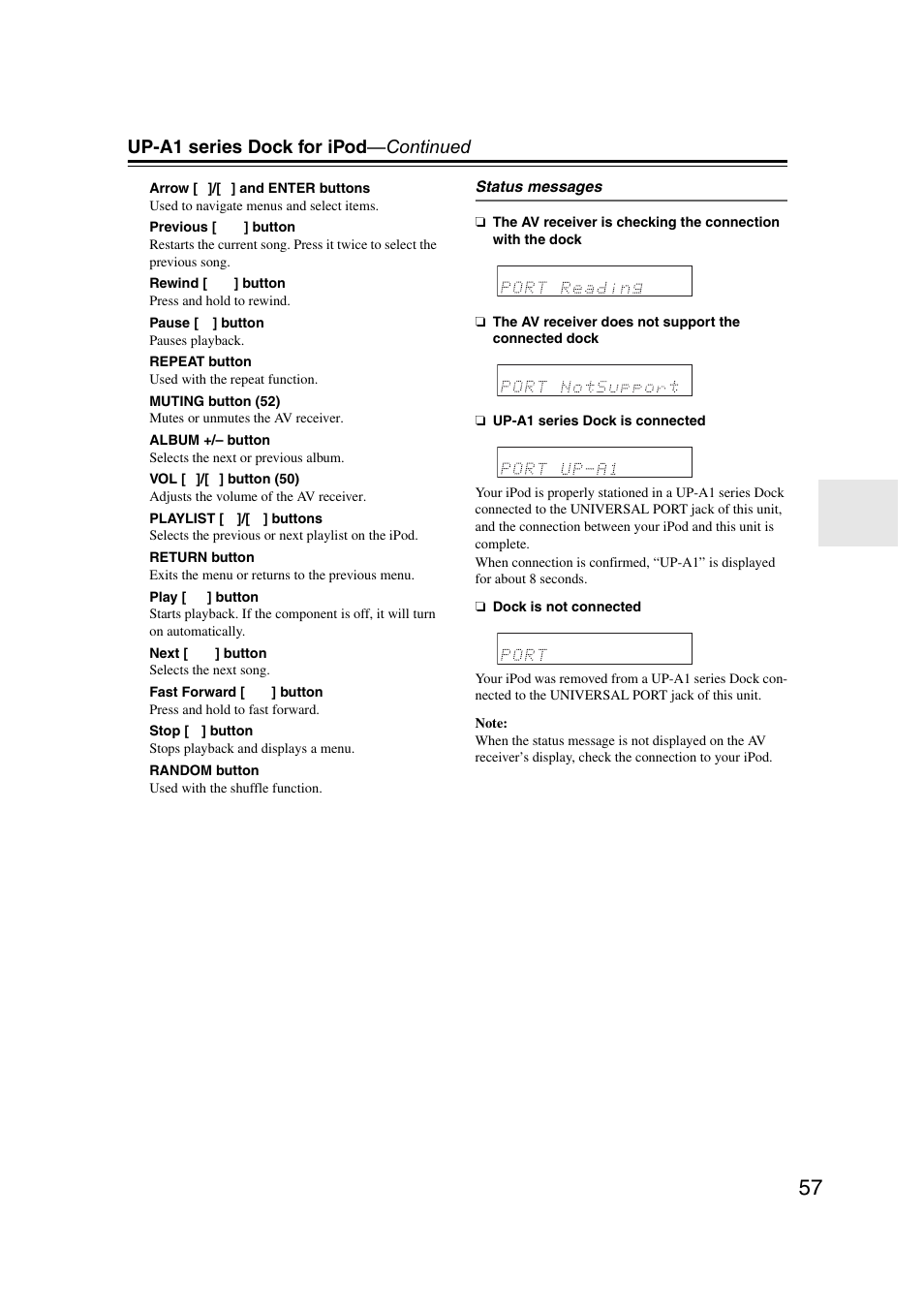 Up-a1 series dock for ipod —continued | Onkyo HT-RC160 User Manual | Page 57 / 121