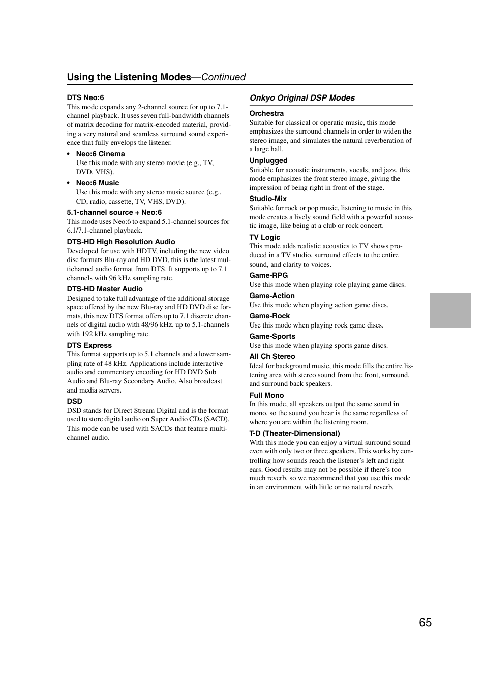 Using the listening modes —continued | Onkyo HT-RC160 User Manual | Page 65 / 121