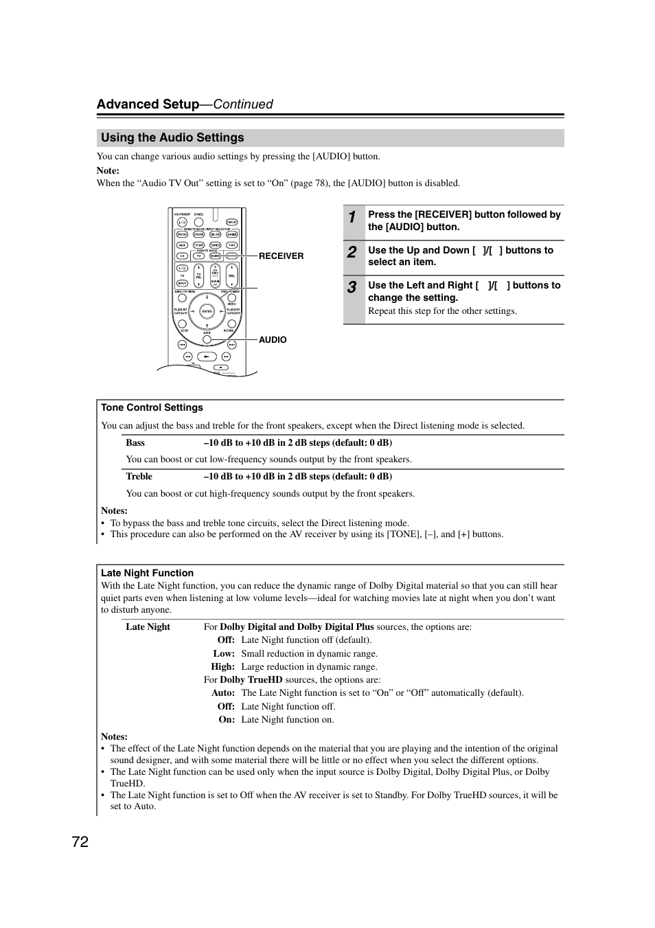 Using the audio settings, Advanced setup —continued | Onkyo HT-RC160 User Manual | Page 72 / 121