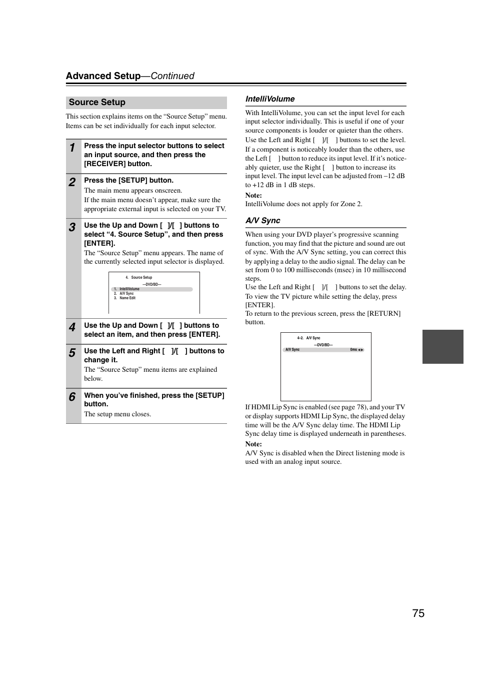 Source setup, Advanced setup —continued | Onkyo HT-RC160 User Manual | Page 75 / 121