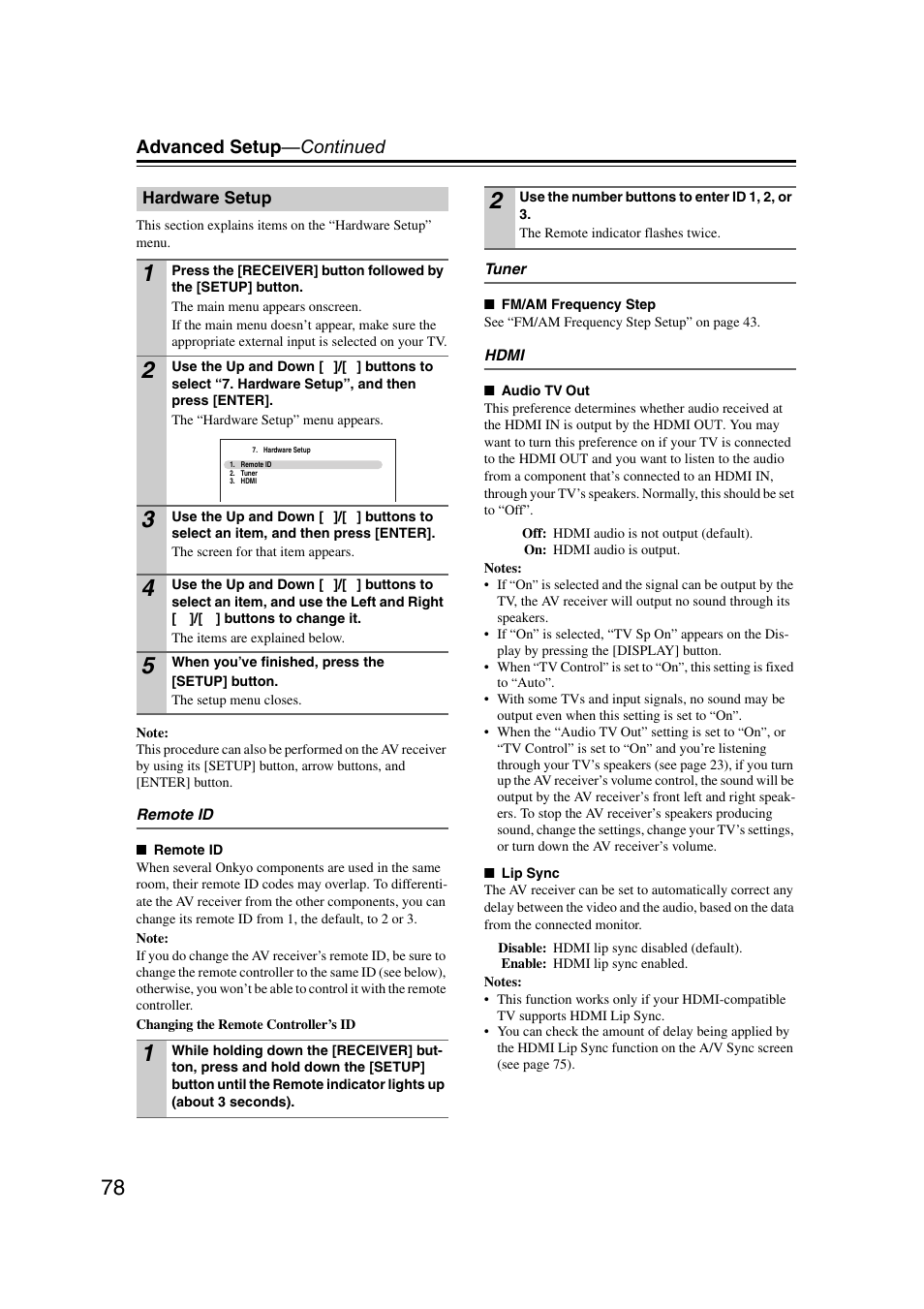 Hardware setup, Advanced setup —continued | Onkyo HT-RC160 User Manual | Page 78 / 121
