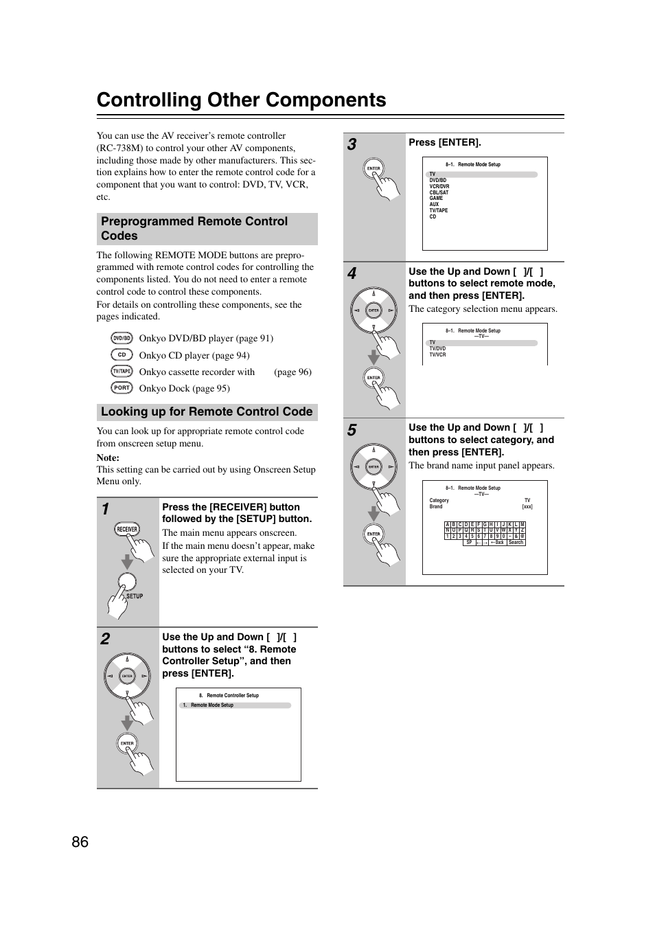 Controlling other components, Preprogrammed remote control codes, Looking up for remote control code | Onkyo HT-RC160 User Manual | Page 86 / 121