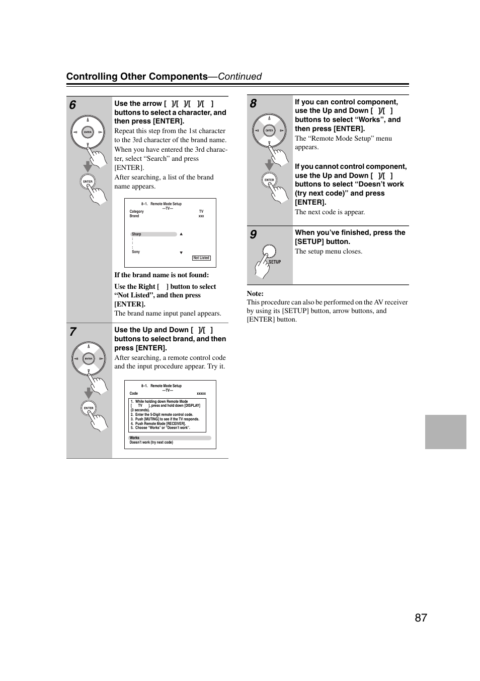 Controlling other components —continued | Onkyo HT-RC160 User Manual | Page 87 / 121