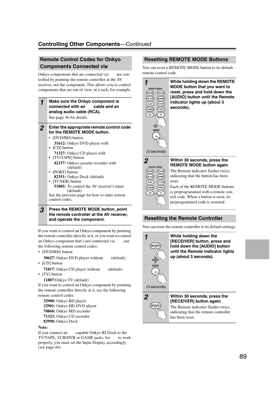 Resetting remote mode buttons, Resetting the remote controller, Remote control codes for onkyo components | Connected via | Onkyo HT-RC160 User Manual | Page 89 / 121