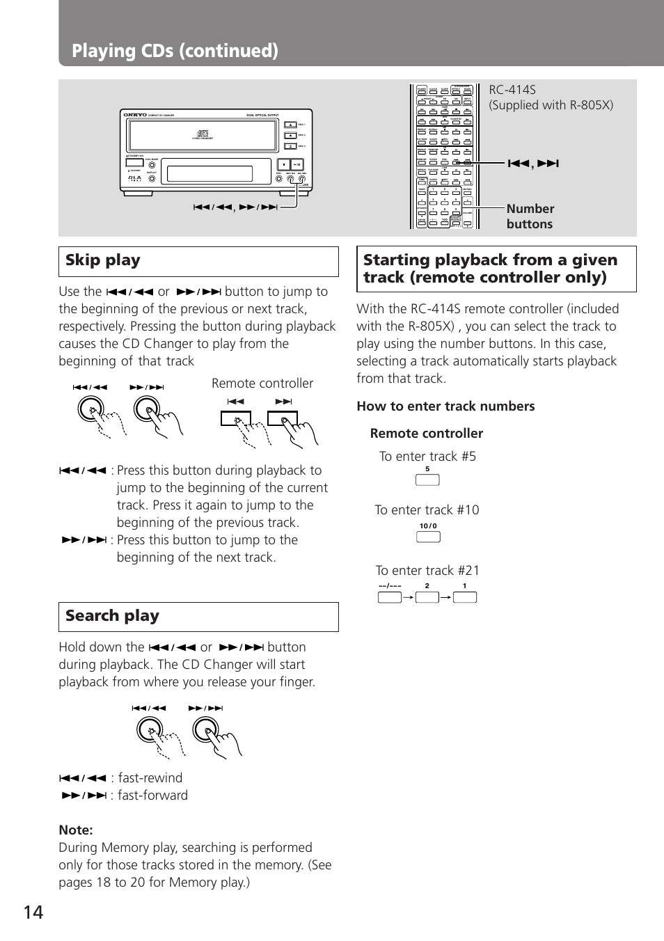 Playing cds (continued), Skip play, Search play | Remote controller, Number buttons | Onkyo C-707CHX User Manual | Page 14 / 28