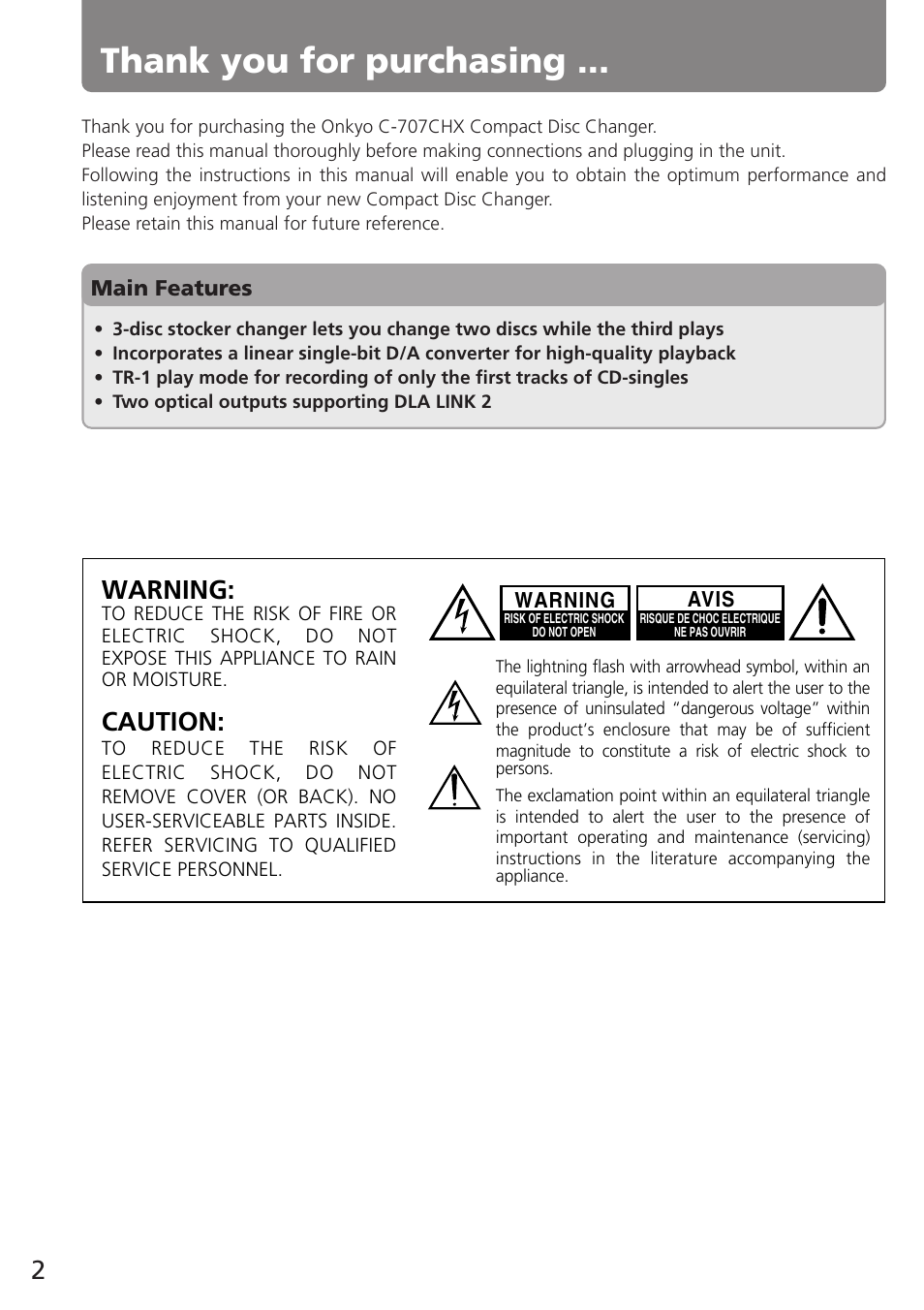 Warning, Caution | Onkyo C-707CHX User Manual | Page 2 / 28