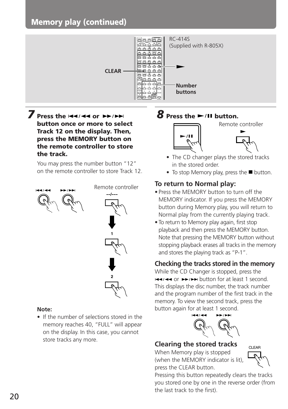 Clearing the stored tracks, Press the button, Remote controller | Clear number buttons | Onkyo C-707CHX User Manual | Page 20 / 28