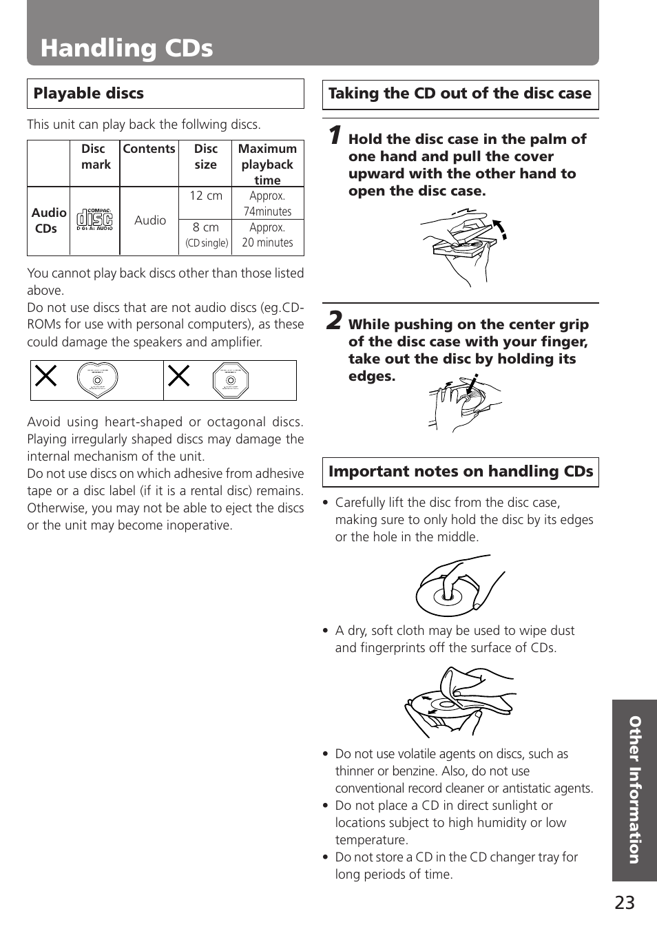 Handling cds | Onkyo C-707CHX User Manual | Page 23 / 28