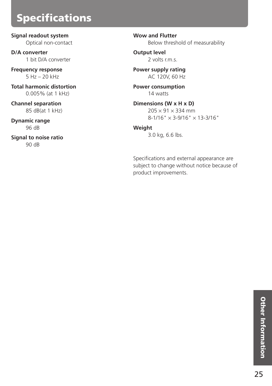 Specifications | Onkyo C-707CHX User Manual | Page 25 / 28