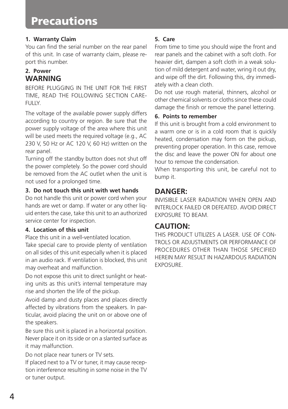 Precautions | Onkyo C-707CHX User Manual | Page 4 / 28