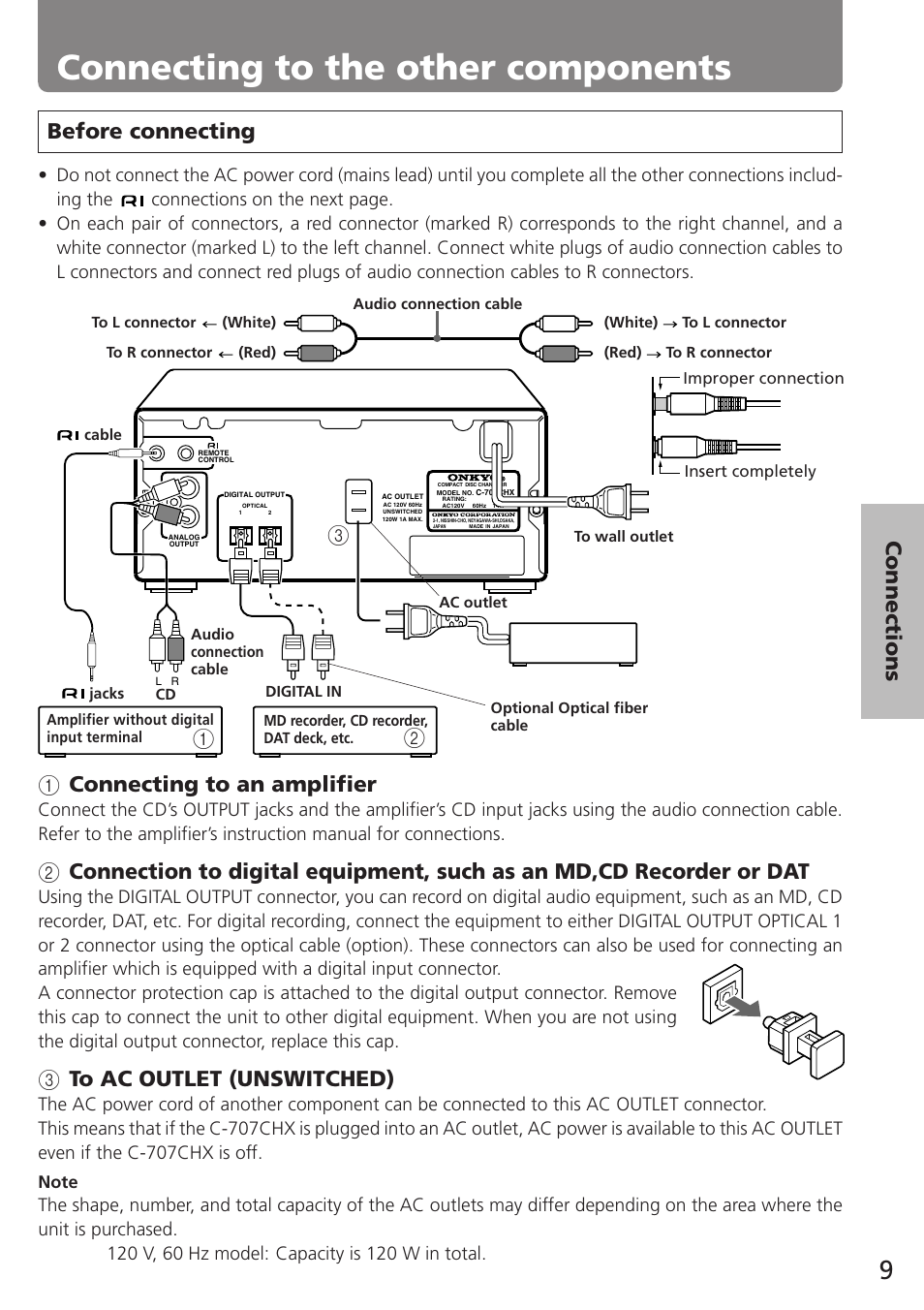 Connecting to the other components, 1connecting to an amplifier, 3to ac outlet (unswitched) | Before connecting | Onkyo C-707CHX User Manual | Page 9 / 28