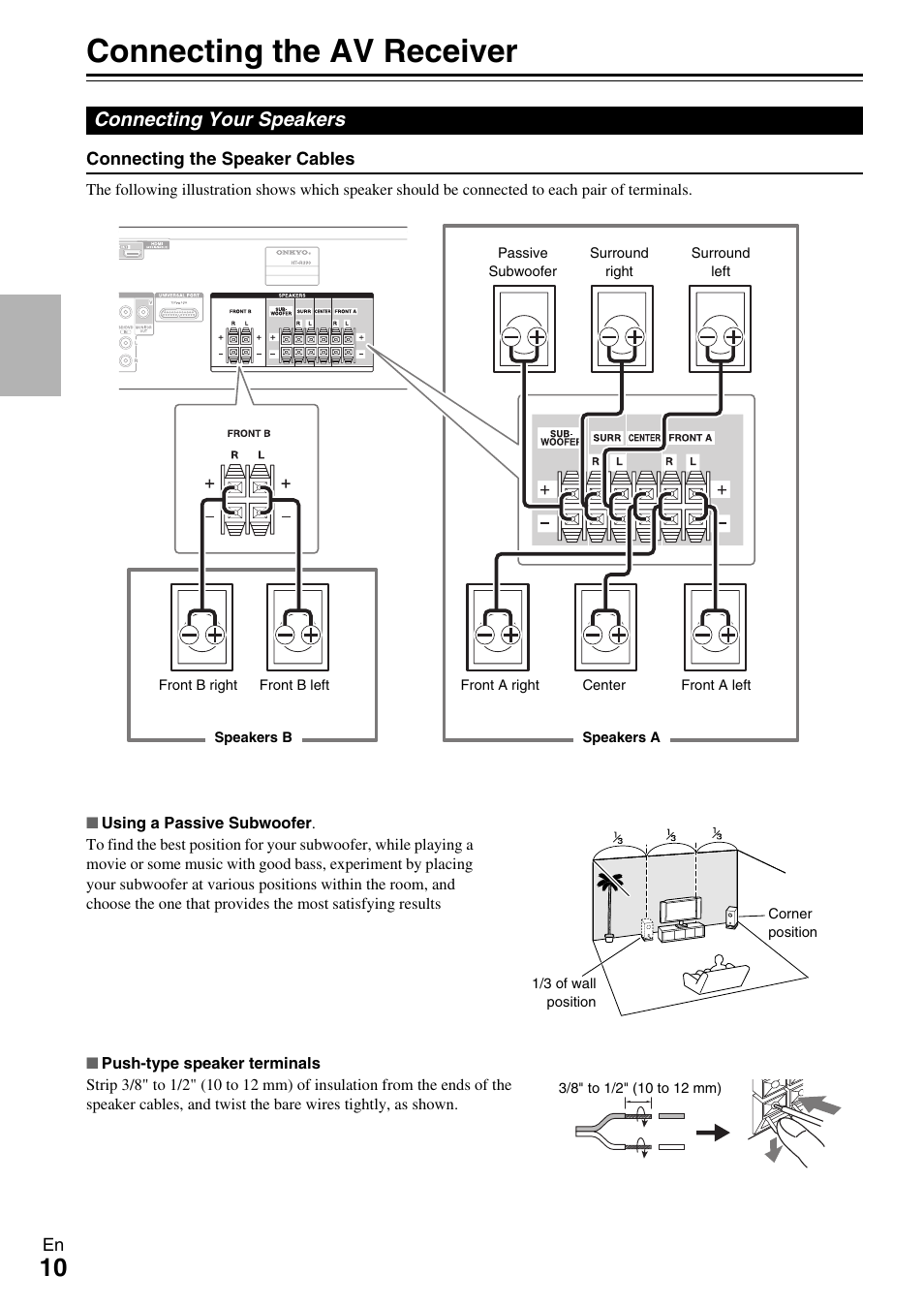 Connections, Connecting the av receiver, Connecting your speakers | See “connecting the av receiver” for con | Onkyo HT-R390 User Manual | Page 10 / 56