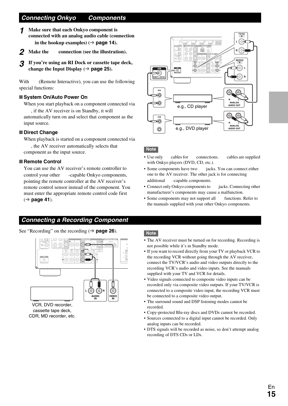 Connecting onkyo ri components, Connecting a recording component, Connecting onkyo | Connecting onkyo components | Onkyo HT-R390 User Manual | Page 15 / 56