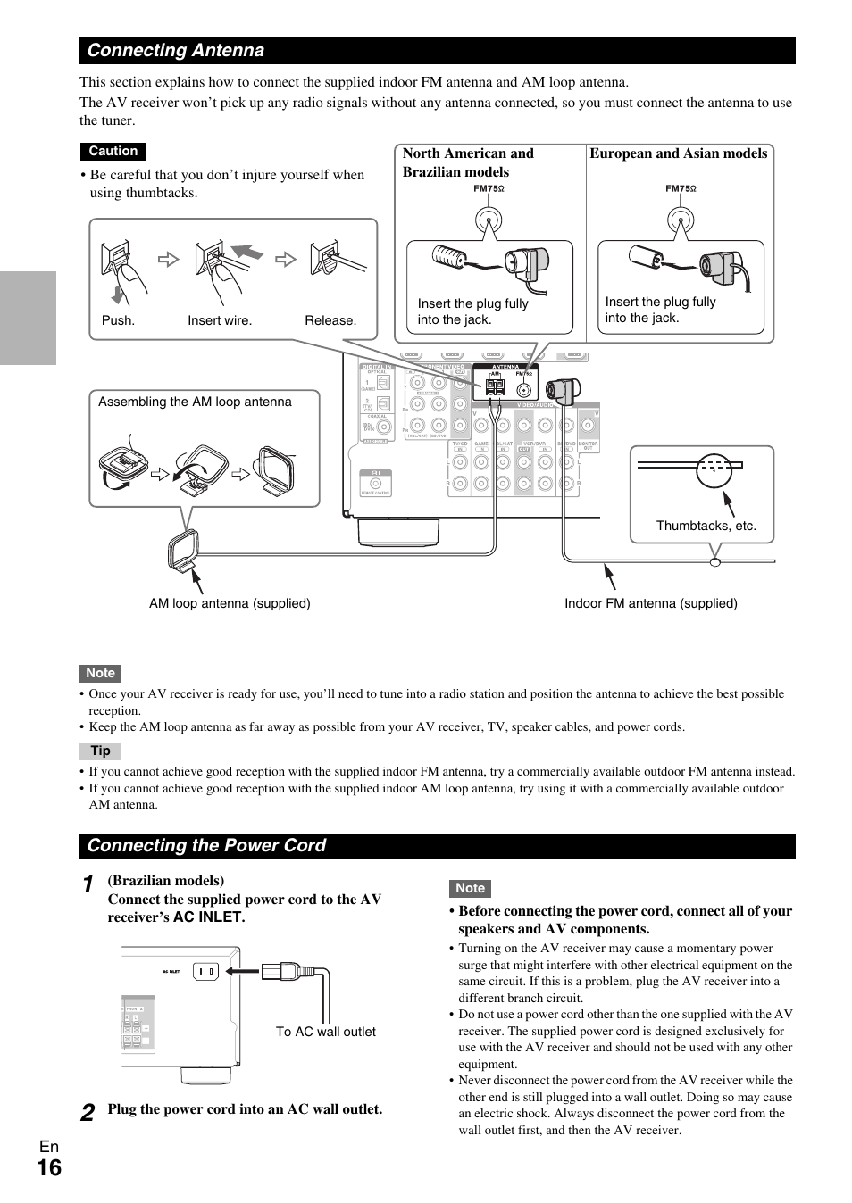 Connecting antenna, Connecting the power cord, Connecting antenna connecting the power cord | Onkyo HT-R390 User Manual | Page 16 / 56