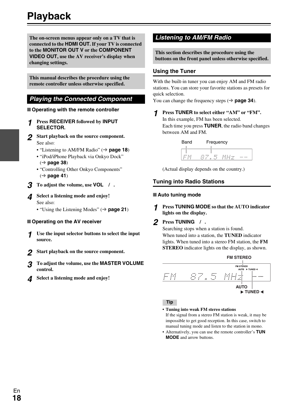 Playback, Playing the connected component, Listening to am/fm radio | Button (18) | Onkyo HT-R390 User Manual | Page 18 / 56