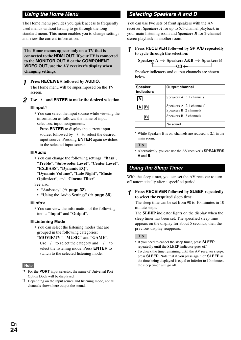 Using the home menu, Selecting speakers a and b, Using the sleep timer | Sleep indicator, N (24, Button (24 | Onkyo HT-R390 User Manual | Page 24 / 56