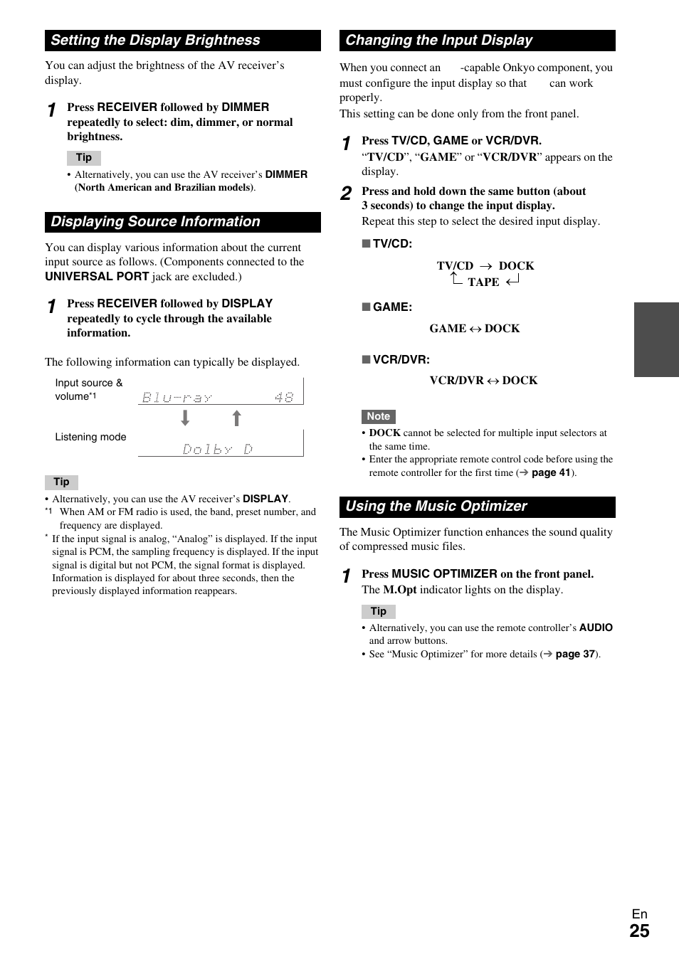 Setting the display brightness, Displaying source information, Changing the input display | Using the music optimizer, Models), Button (25 | Onkyo HT-R390 User Manual | Page 25 / 56