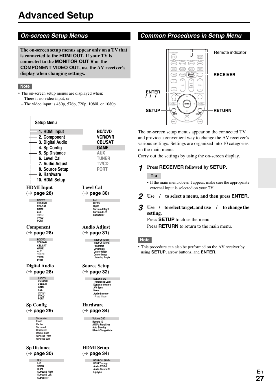 Advanced operations, Advanced setup, On-screen setup menus | Common procedures in setup menu, Button (27), N (27, E “advanced setup” fo | Onkyo HT-R390 User Manual | Page 27 / 56