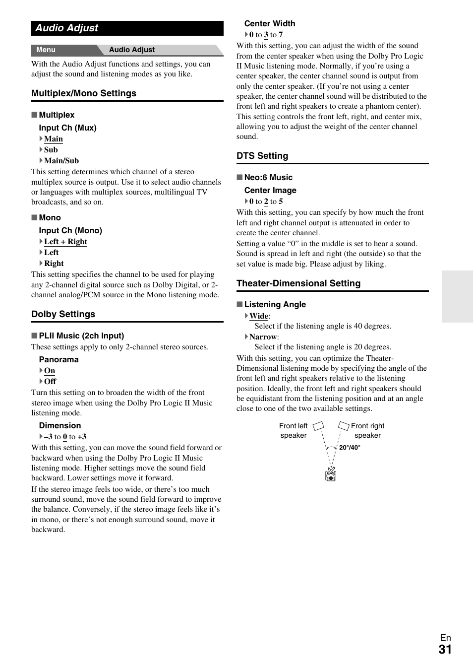 Audio adjust | Onkyo HT-R390 User Manual | Page 31 / 56