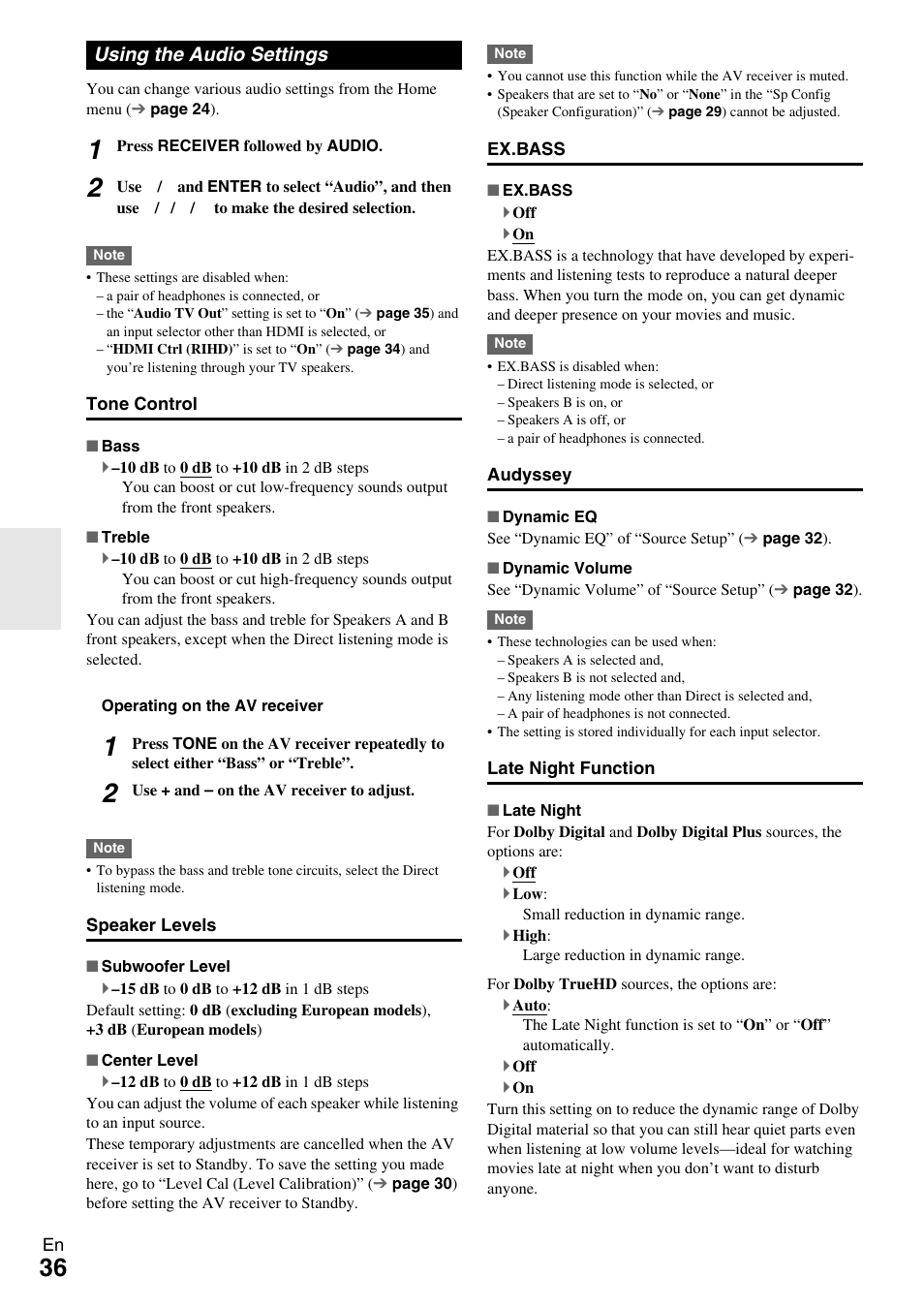 Using the audio settings, Audyssey | Onkyo HT-R390 User Manual | Page 36 / 56
