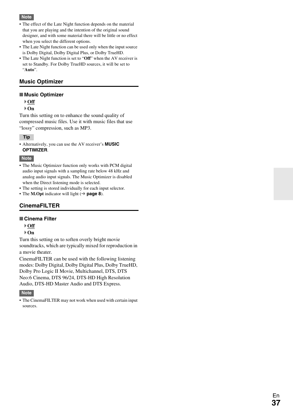 Music optimizer” f | Onkyo HT-R390 User Manual | Page 37 / 56