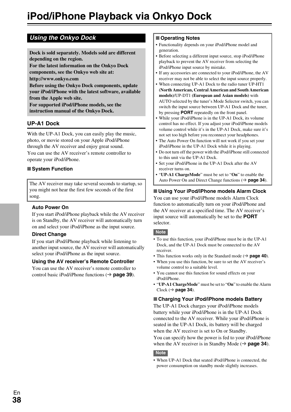 Controlling other components, Ipod/iphone playback via onkyo dock, Using the onkyo dock | Onkyo HT-R390 User Manual | Page 38 / 56