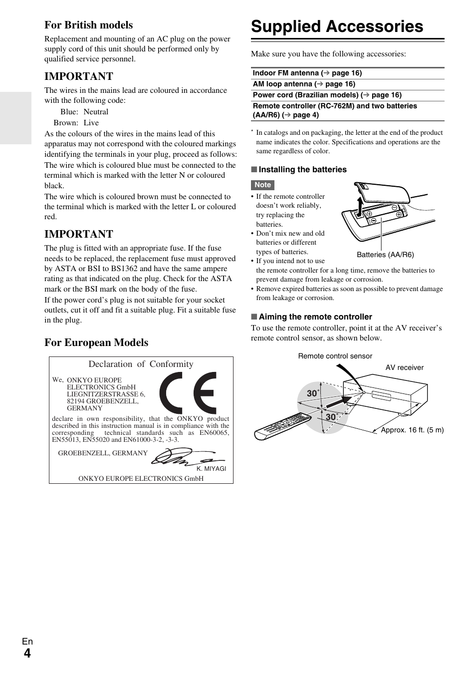 Supplied accessories, For british models, Important | For european models | Onkyo HT-R390 User Manual | Page 4 / 56