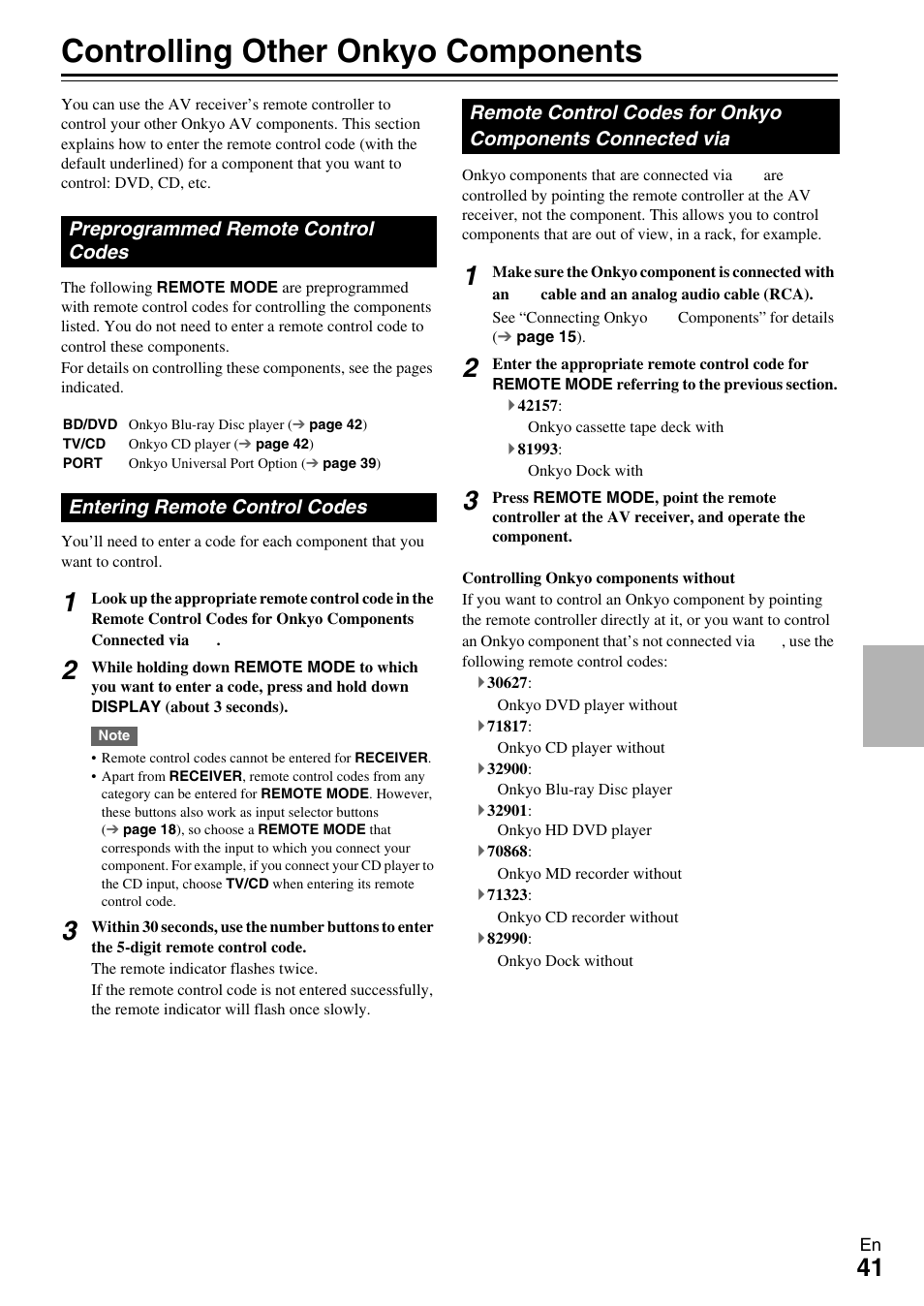 Controlling other onkyo components, Preprogrammed remote control codes, Entering remote control codes | Onkyo components connected via, E “entering remote control codes, Rol code | Onkyo HT-R390 User Manual | Page 41 / 56