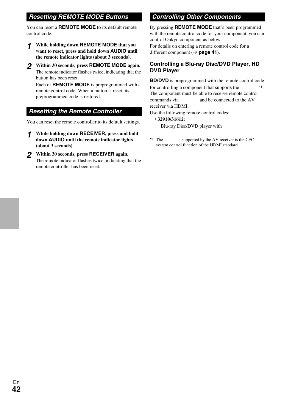 Resetting remote mode buttons, Resetting the remote controller, Controlling other components | Onkyo HT-R390 User Manual | Page 42 / 56