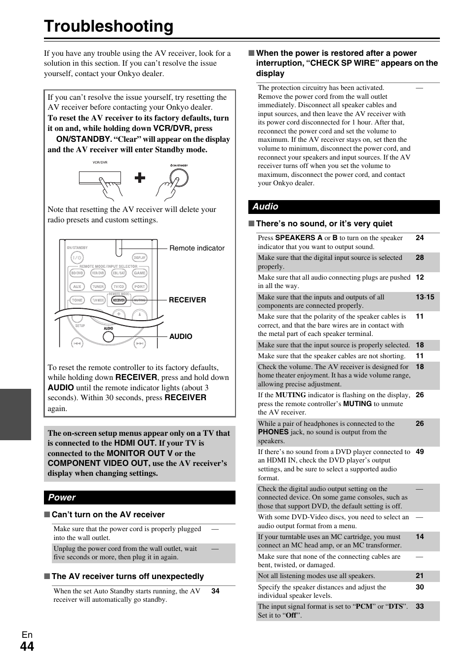 Appendix, Troubleshooting | Onkyo HT-R390 User Manual | Page 44 / 56