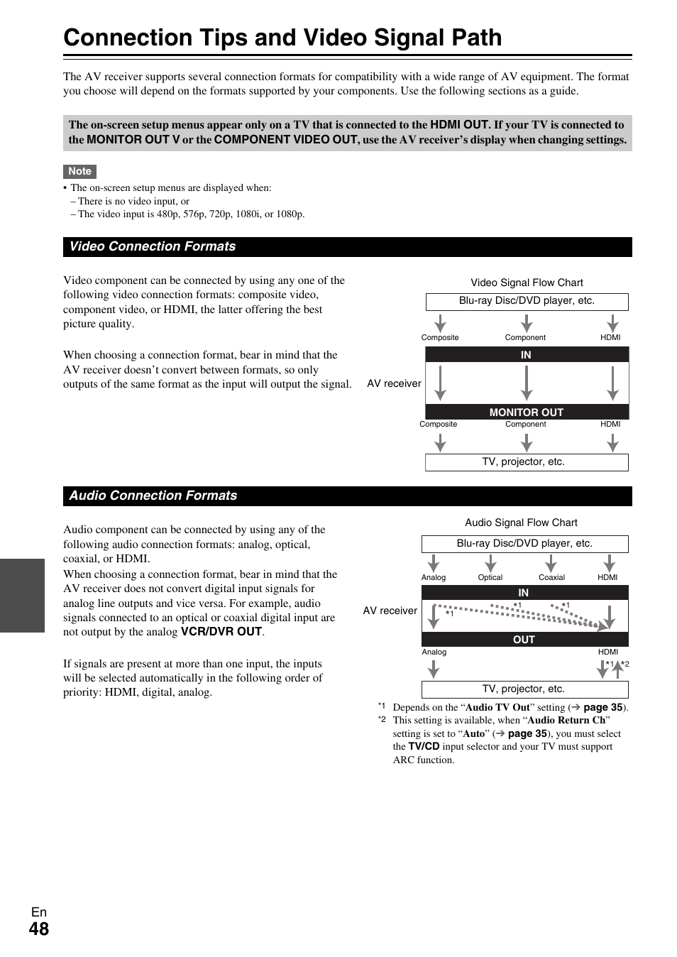 Connection tips and video signal path, Video connection formats audio connection formats | Onkyo HT-R390 User Manual | Page 48 / 56