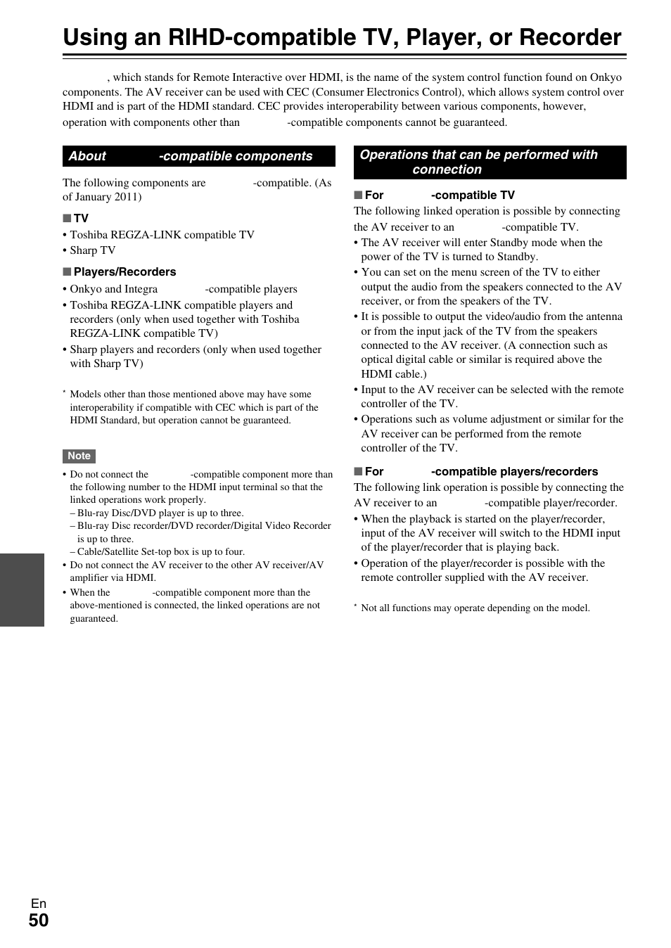 Using an rihd-compatible tv, player, or recorder, Using an rihd-compatible tv, player, Or recorder | Onkyo HT-R390 User Manual | Page 50 / 56