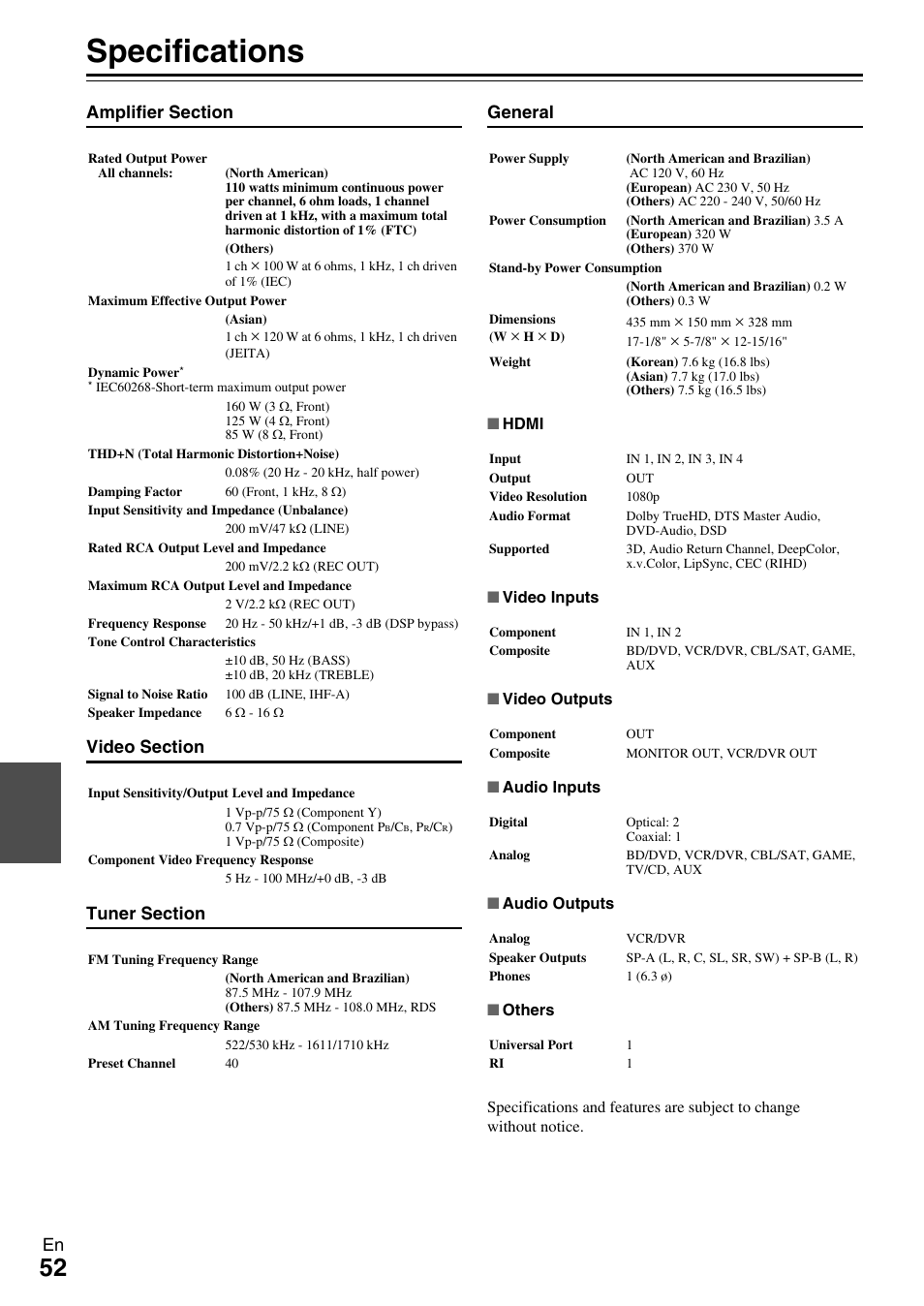 Specifications | Onkyo HT-R390 User Manual | Page 52 / 56