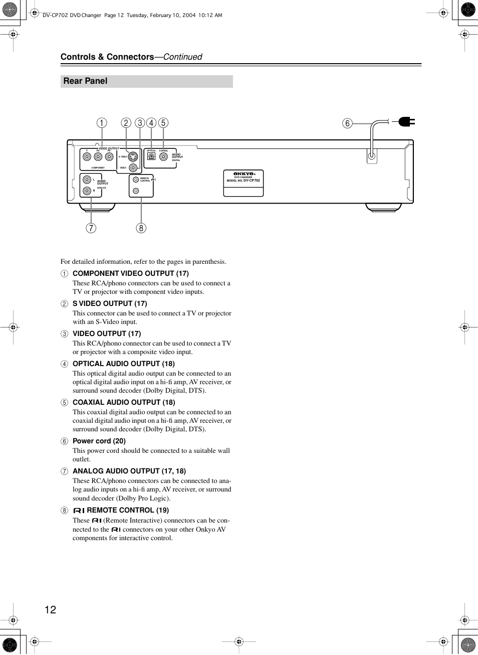 Controls & connectors —continued, Rear panel | Onkyo DV-CP702 User Manual | Page 12 / 48