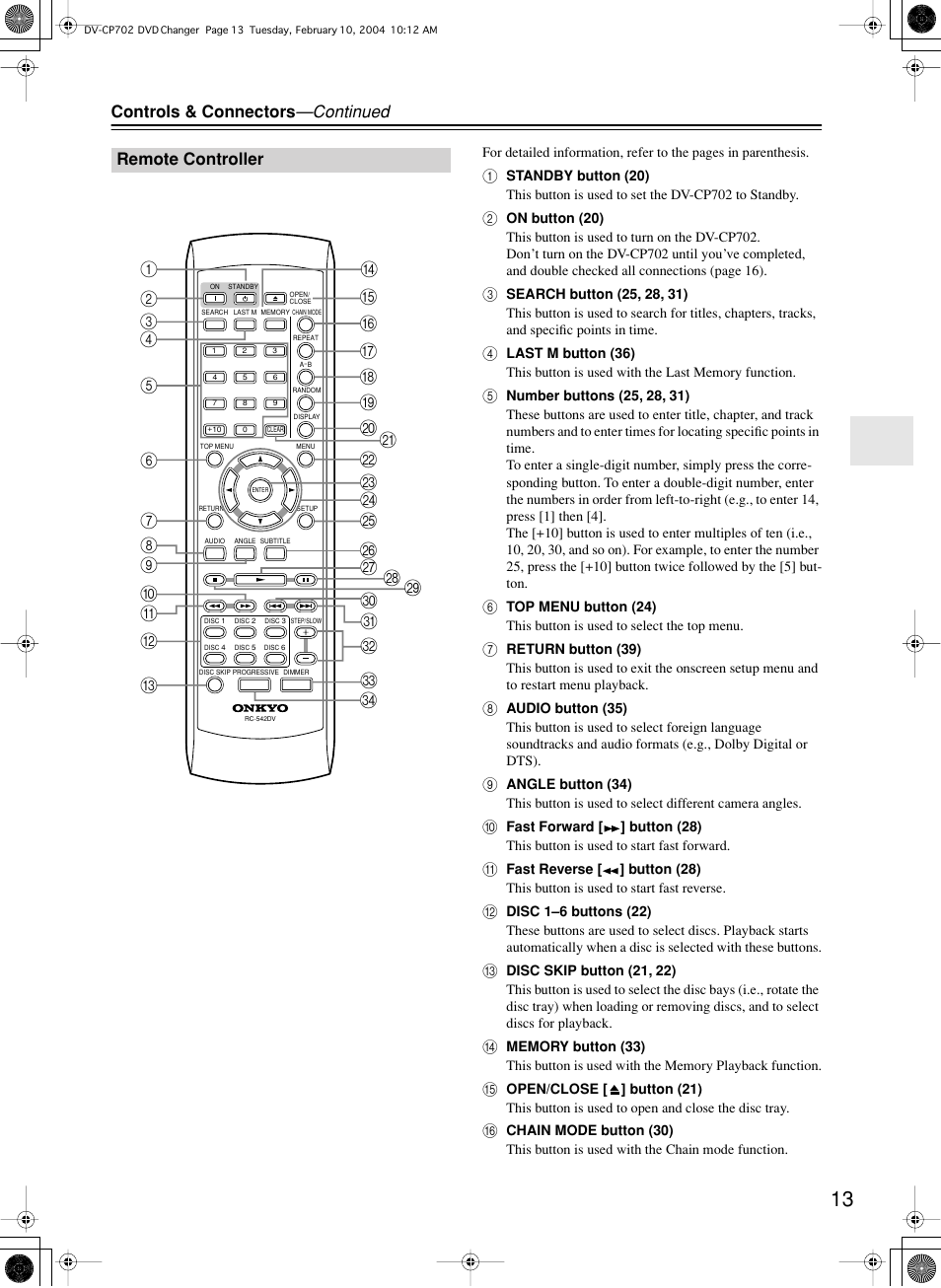 Controls & connectors —continued, Remote controller | Onkyo DV-CP702 User Manual | Page 13 / 48