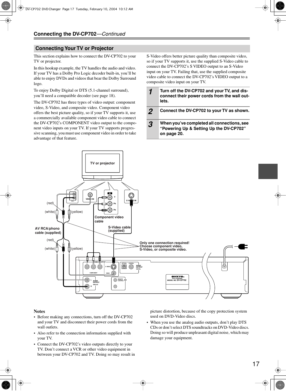 Connecting the dv-cp702 —continued, Connecting your tv or projector | Onkyo DV-CP702 User Manual | Page 17 / 48