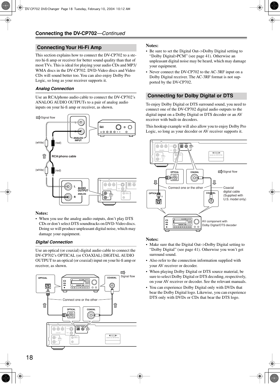 Connecting the dv-cp702 —continued, Connecting your hi-fi amp, Connecting for dolby digital or dts | Onkyo DV-CP702 User Manual | Page 18 / 48