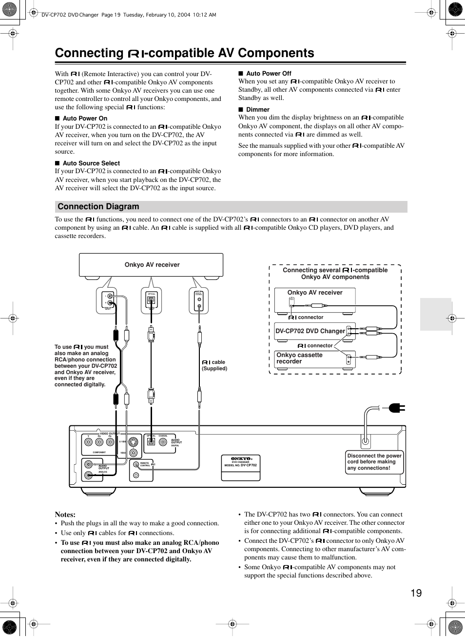 Connecting -compatible av components, Connection diagram | Onkyo DV-CP702 User Manual | Page 19 / 48